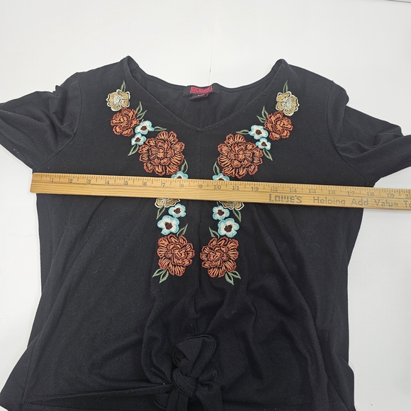 Rock & Roll Denim Chic Black Blouse with Bohemian Embroidered Floral Size M - Picture 6 of 15